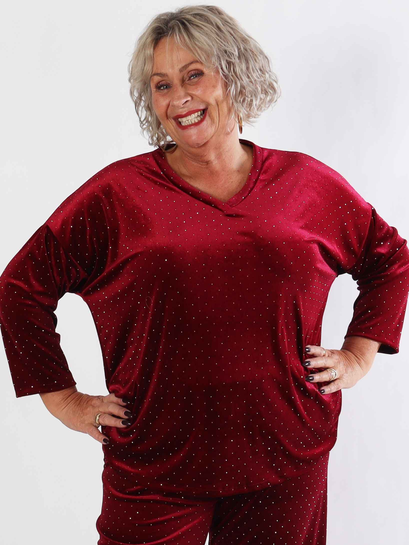 Sparkling - Blødt velour plus size sæt med skinnede sten